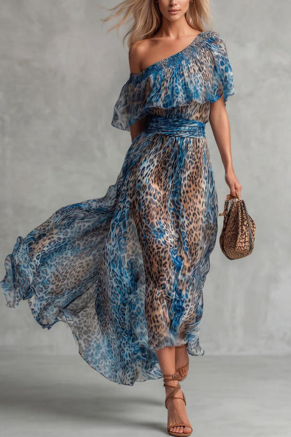 Lue Leopard Print One-Shoulder Flowy Maxi Dress