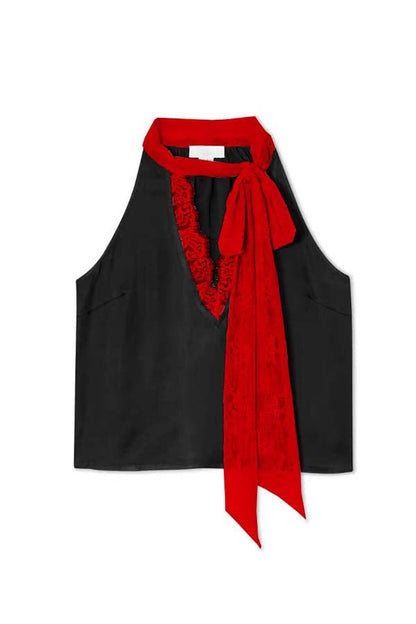 Sunday Social Contrast Color Satin Lace Trim Neck Strap Loose Tank (Shipped Within 24 Hours)
