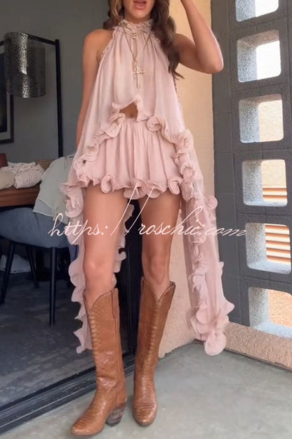 Romantic Drama Chiffon Wavy Ruffles Halter Irregular A-line Top (Shipped Within 24 Hours)