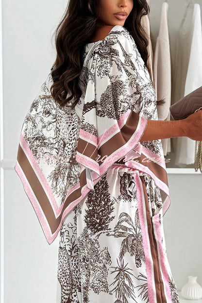 Jungle Themed Satin Unique Print Cape Top and Elastic Waist Pocket Wide Leg Pants Set