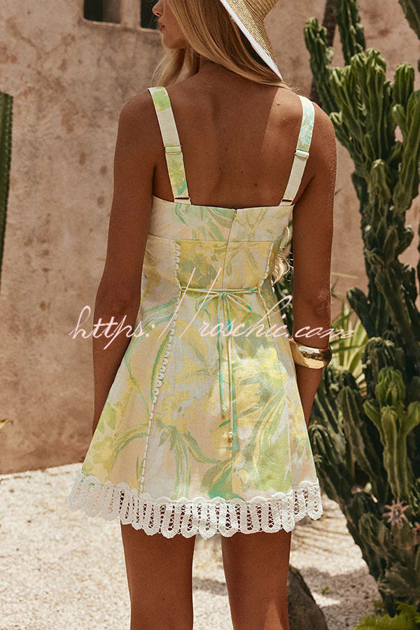 Stelle Linen Blend Floral Print Crochet Zig Zag Trim Back Lace-up Mini Dress