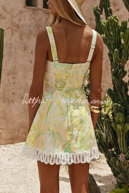 Stelle Linen Blend Floral Print Crochet Zig Zag Trim Back Lace-up Mini Dress