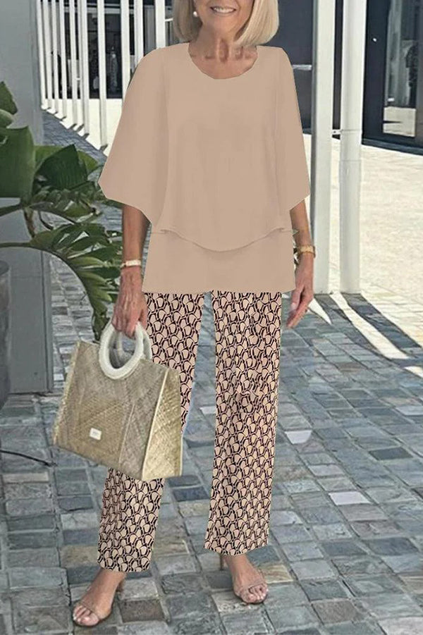 Fashion Round Neck Half Sleeve Loose Top and Elastic Waist Casual Straight Pants Set