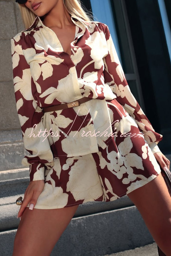 Botanical Print Collared Long-sleeved Loose-fitting Shirt and Elastic Waist Casual Shorts Set