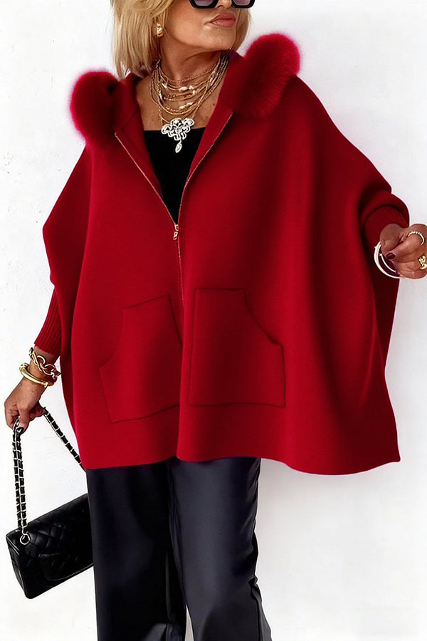 Warm Call Knit Long Sleeve Zipper Plush Hooded Pocket Loose Cardigan