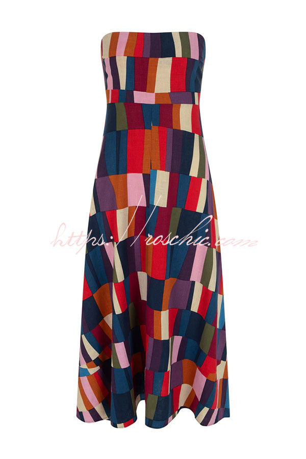 Retro Chic Linen Blend Colorful Color Block Strapless Back Smocked Midi Dress