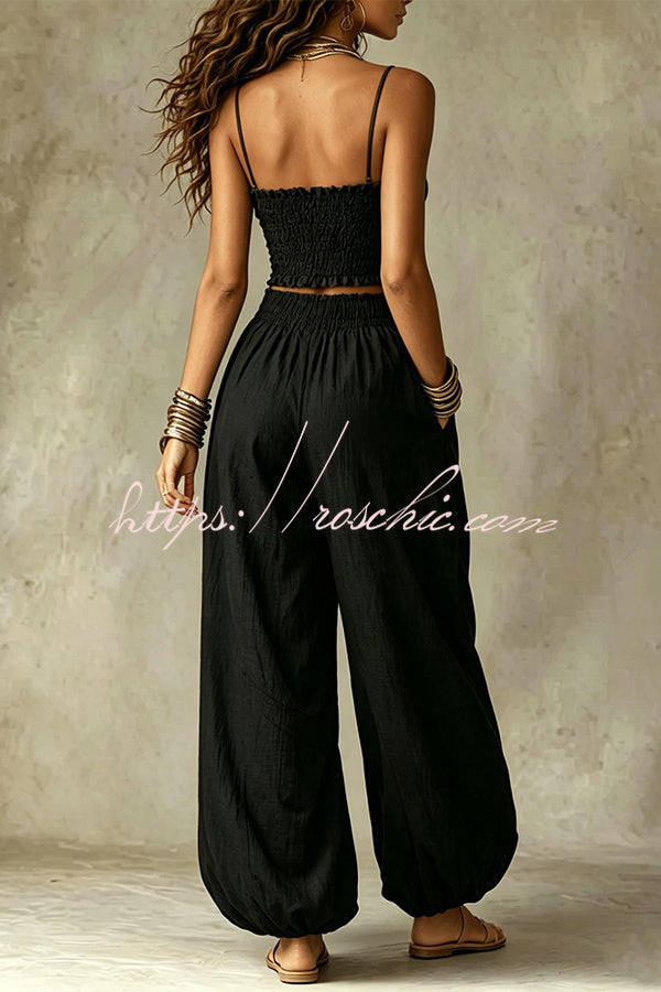 Olive Gypsy  pleated crop top and high-waisted wide-leg pants set