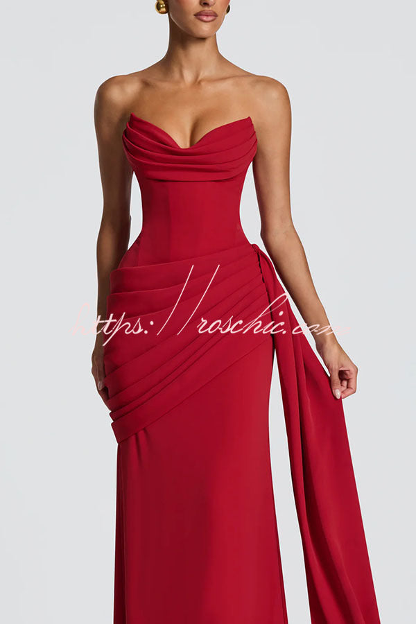 Matisse Strapless Pleated Cowl Overlay Back Lace-up Drape Panel Maxi Dress