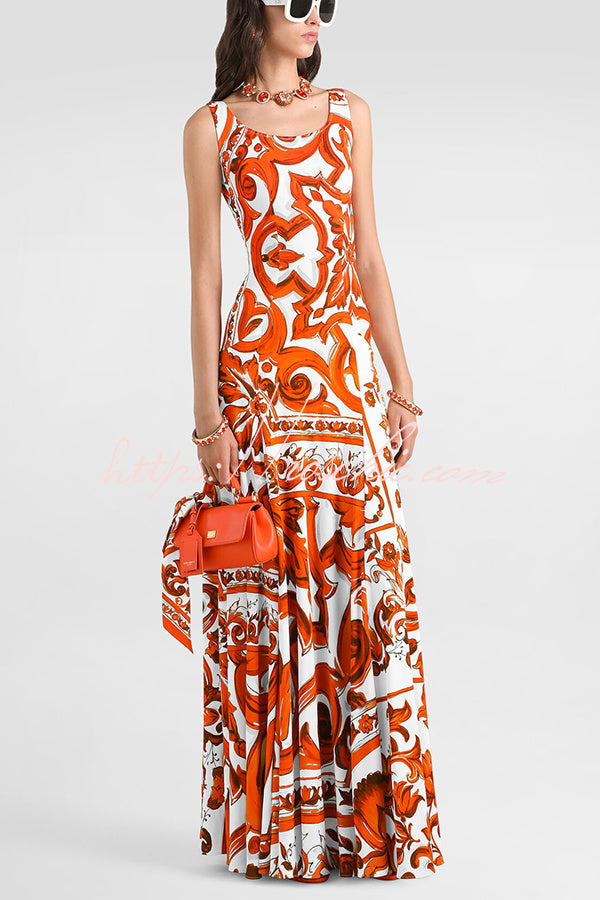 Arnell Contrast Color Artistic Floral Print Square Neck Pleated Hem Maxi Dress