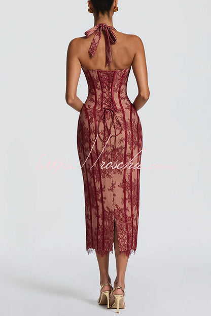 Rona Floral Lace Contrast Structural Detail Back Lace-up Halter Slit Midi Dress