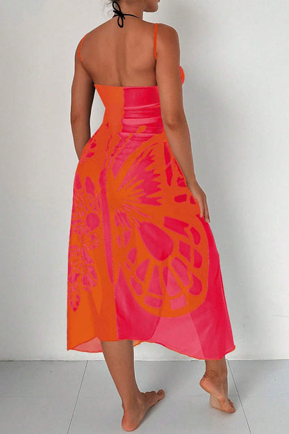 Fashionable Color-blocked Butterfly Print Resort Cover-up Midi Dress