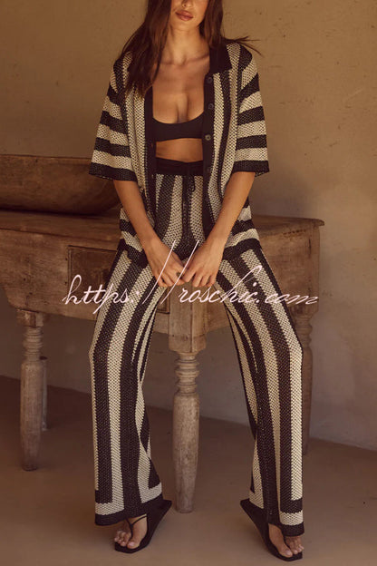 Stylish Knitted Collared Short-Sleeved Button-Up Top and Elastic Waist Casual Pants Cover-Up Set