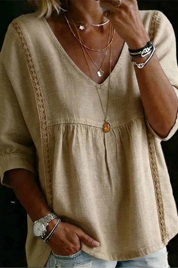 V-Neck Lace Trim Linen Blend Babydoll Blouse