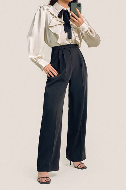 Black Pleat Detail Wide Leg Work Pants