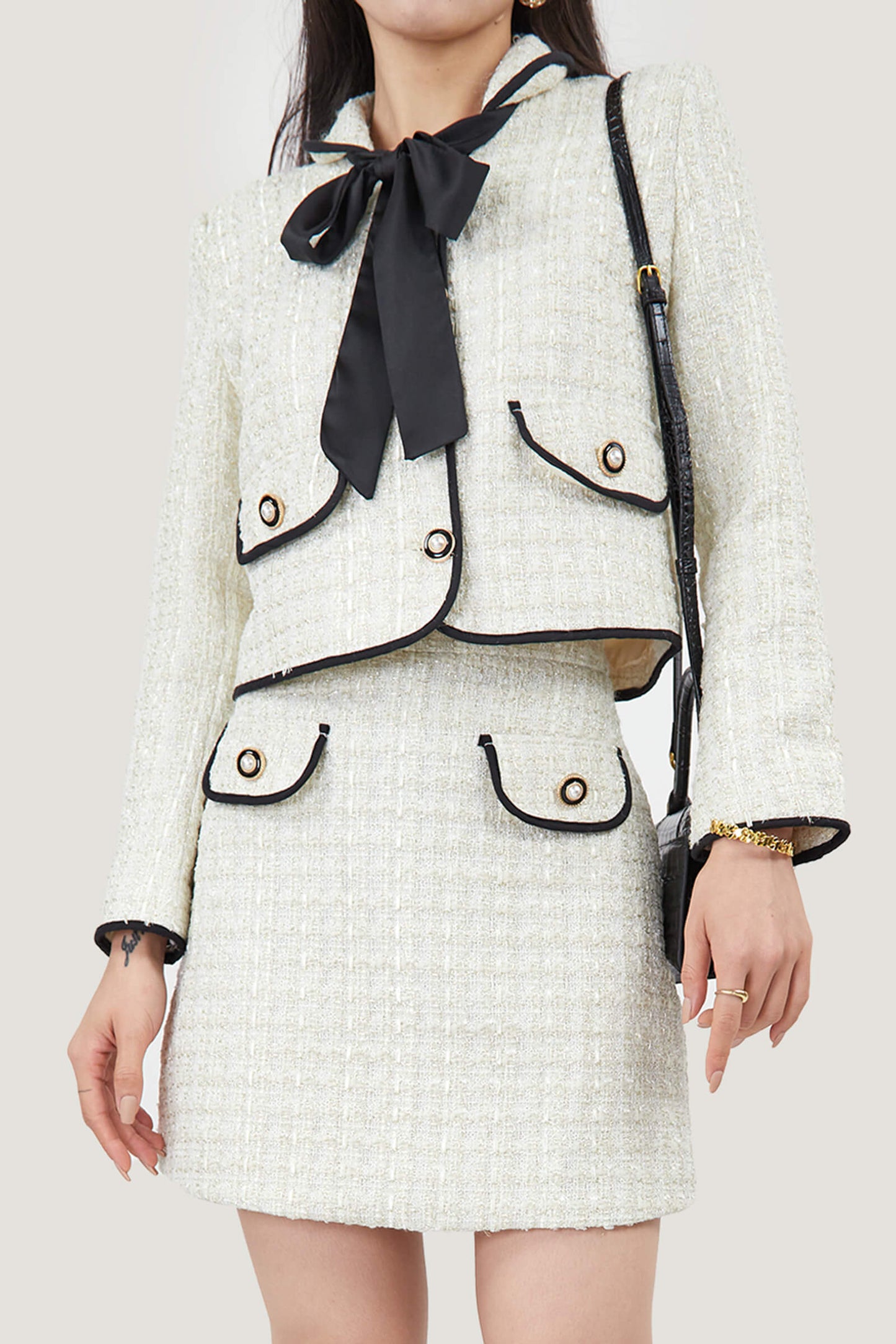 Fake Flap Pocket Bow Detailed Jacket&Mini Skirt Two-Piece Set