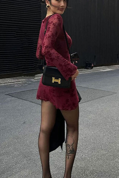 Mesh Floral Long Sleeve Bodycon Dress