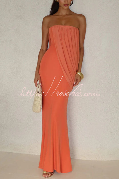 Vienna Modal Jersey Ruched Asymmetric Draped Mesh Strapless Maxi Dress