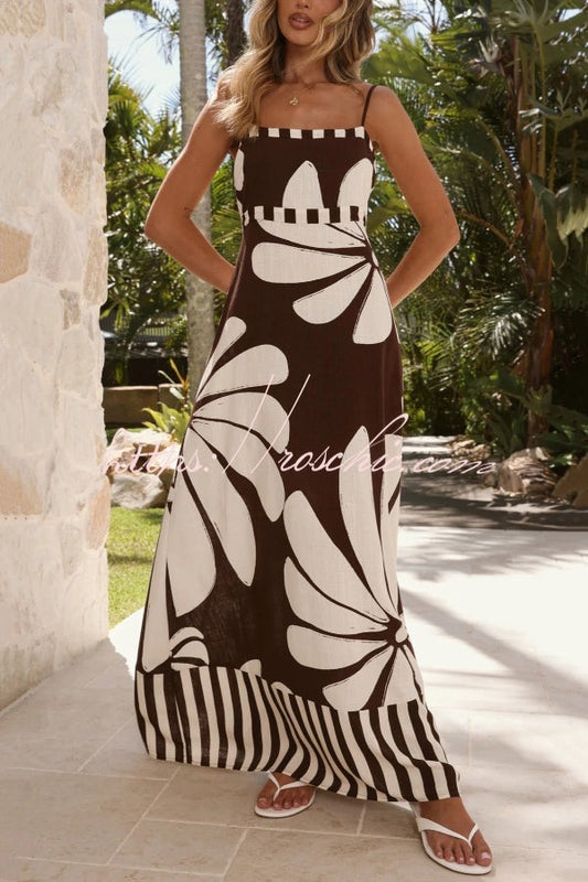 Color-blocked Floral Print Spaghetti Strap Back Pleats Casual Maxi Dress