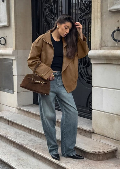 Sienna Faux Suede Bomber Jacket – Oversized Zip-Up with Drop Shoulders