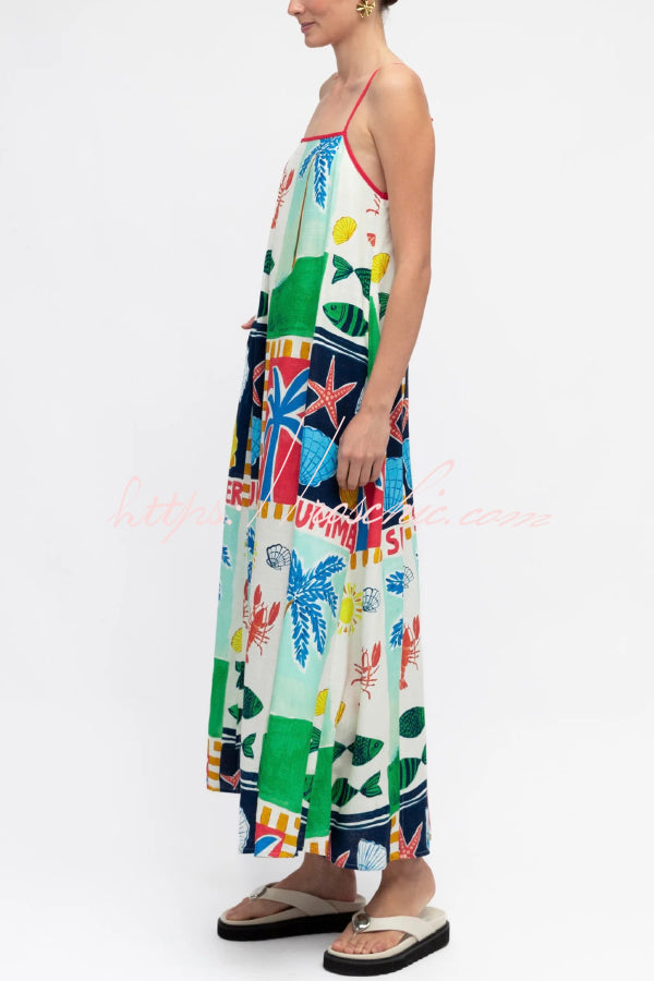 Summer-themed Printed Square Neck Sleeveless Pocket Loose Maxi Dress