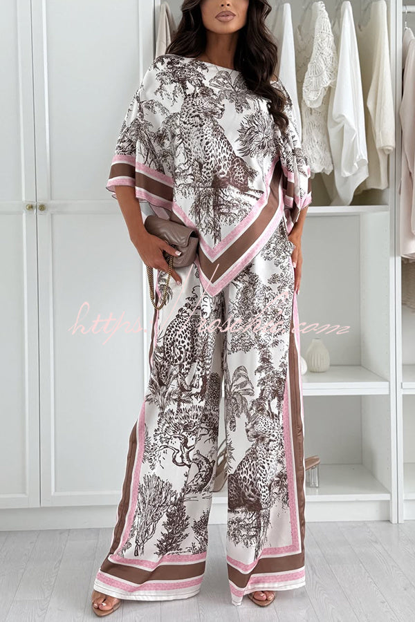 Jungle Themed Satin Unique Print Cape Top and Elastic Waist Pocket Wide Leg Pants Set