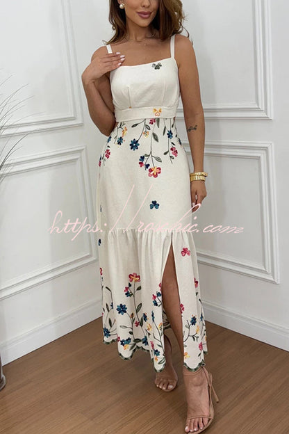 Vanie Linen Blend  Floral Print Cutout Waist Back Smocked Slit Maxi Dress