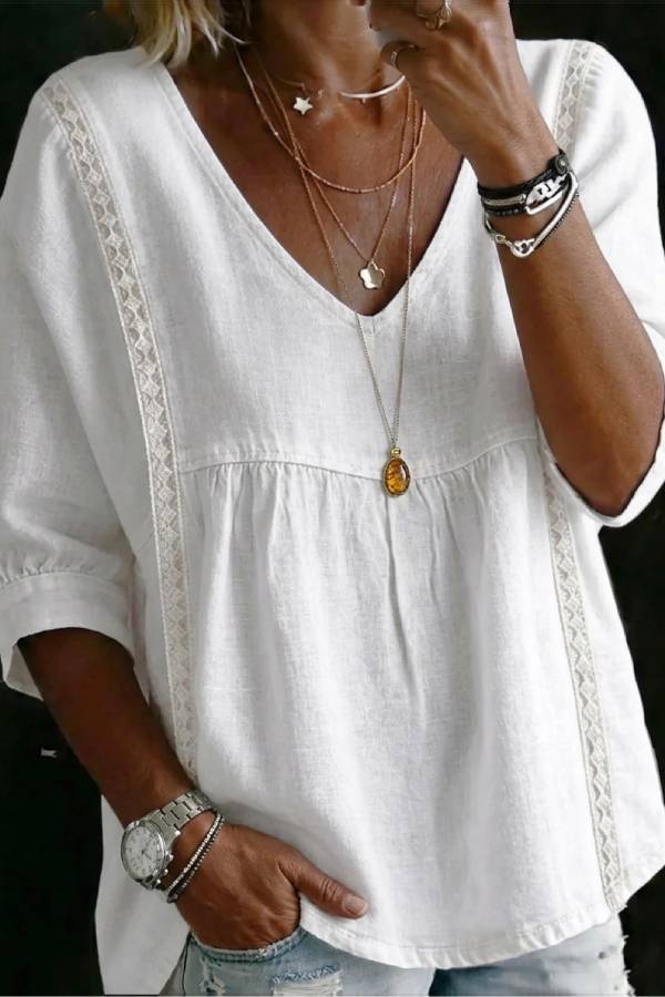 V-Neck Lace Trim Linen Blend Babydoll Blouse