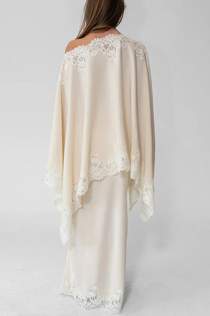 Like A Swan Lace Trim Off Shoulder Cape Top and Elastic Waist Draped Maxi Skirt Set