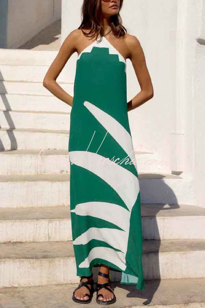 Stylish Color-blocked Print Halter Neck Backless Casual Vacation Maxi Dress