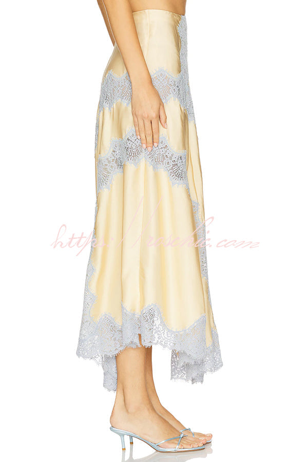 Wine Tasting Contrast Color Satin Lace Trim Irregular Hem Drape Midi Skirt (Shipped Within 24 Hours)
