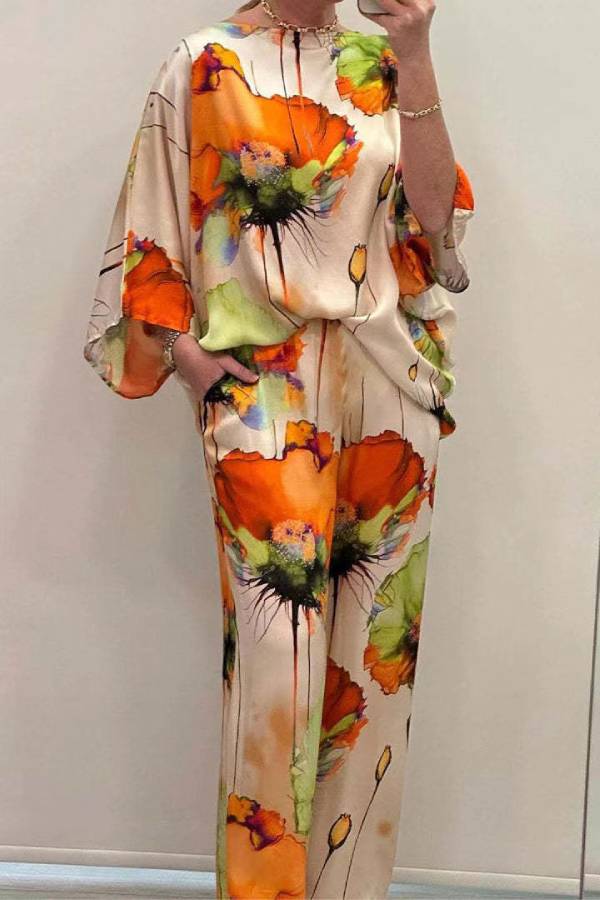 Ink Wash Floral Print Batwing Sleeve Wide Leg Pants Set