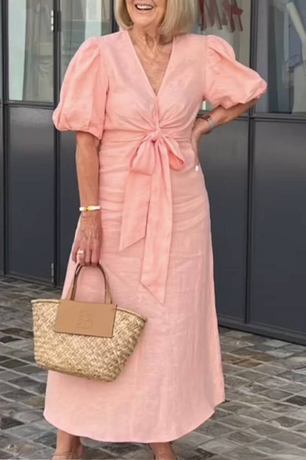 V-Neck Puff Sleeve Twisted Waist Tie Midi Dress