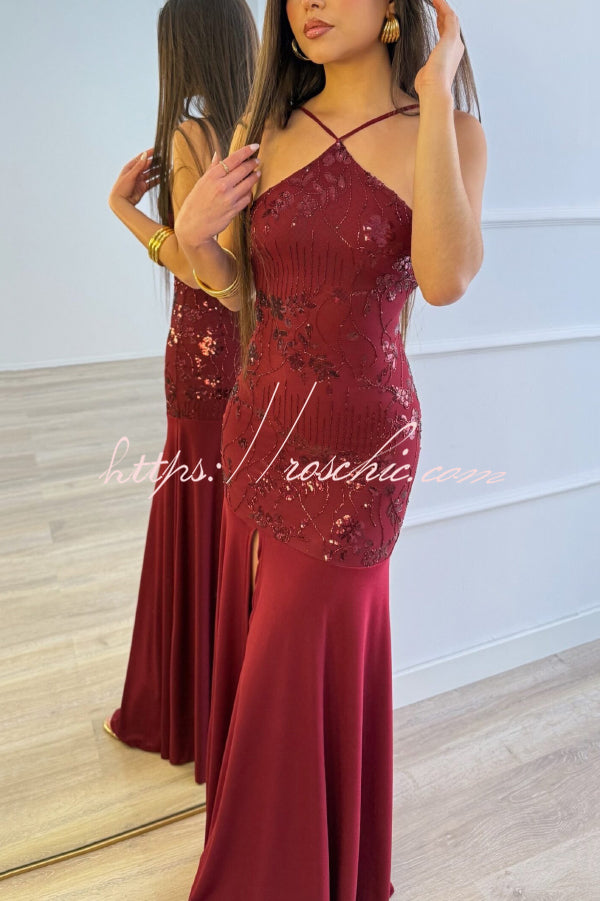 Fashionable Sequined Halter Neck Elegant Slim-fit Slit Maxi Dress