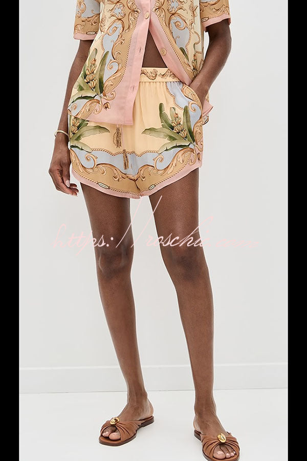Royalty Unique Print Button Up Short Sleeve Shirt and Elastic Waist Pocketed Loose Shorts Set