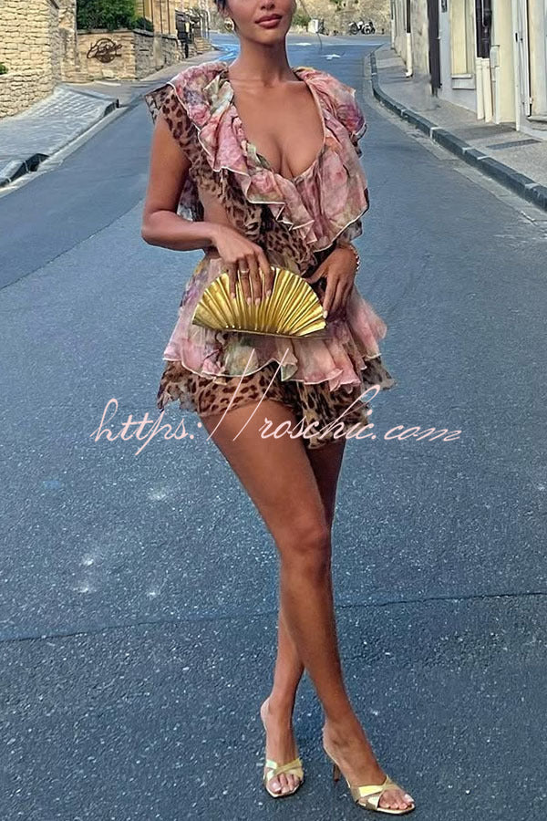 Dreamy Island Floral Leopard Print Cutout Waist Tiered Ruffles Mini Dress