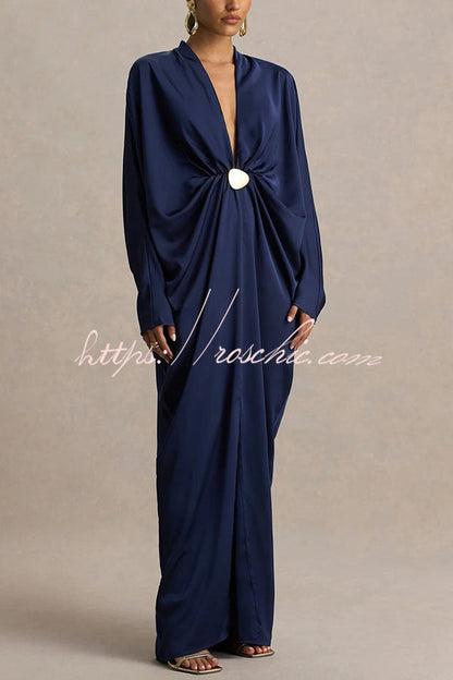 Tina Satin Plunge V-neck Gold Trim Detail Long Batwing Sleeve Maxi Dress