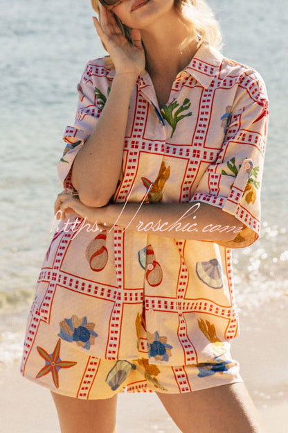Linen Blend Shell Print Loose Short-sleeved Shirt and Elastic Waist Pocket Casual Shorts Set