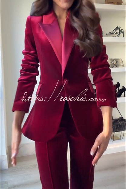 Delicate Daze Velvet Satin Lapel Button Up Long Sleeve Tapered Waist Blazer