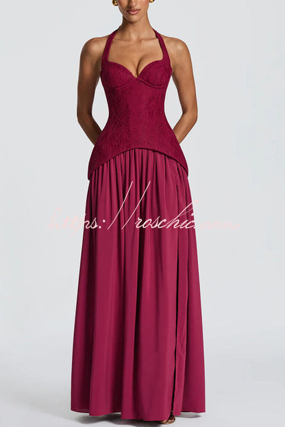 Almira Crepe and Lace Bodice Back Lace-up Chiffon Pleated Hem Maxi Dress