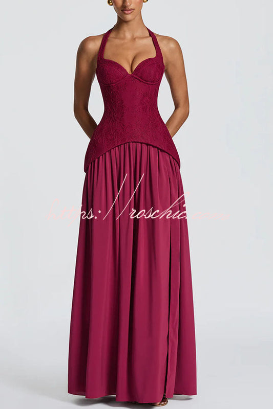 Almira Crepe and Lace Bodice Back Lace-up Chiffon Pleated Hem Maxi Dress