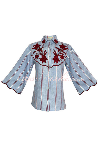 Delirio Linen Blend Floral Embroidery and Stripes Print Bell Sleeve Tie-up Blouse