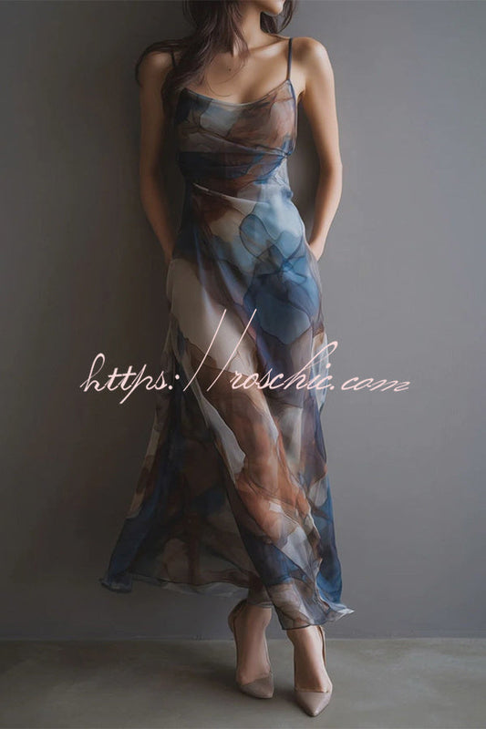 Monet's Dream Abstract Watercolor Cowl Neck Maxi Dress