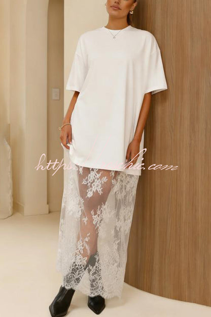 Stylish Loose-fitting Round Neck Short-sleeved Spliced lace Hem Maxi Dress