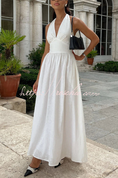 Solid Color Halter Neck Tie Elegant Backless Waist-cinching Maxi Dress