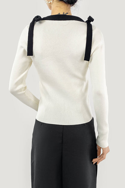 Beige Square Neck Tie Detail Sweater