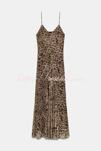 Jaycie Tulle Leopard Print V-neck Pleated A-line Hem Slip Maxi Dress
