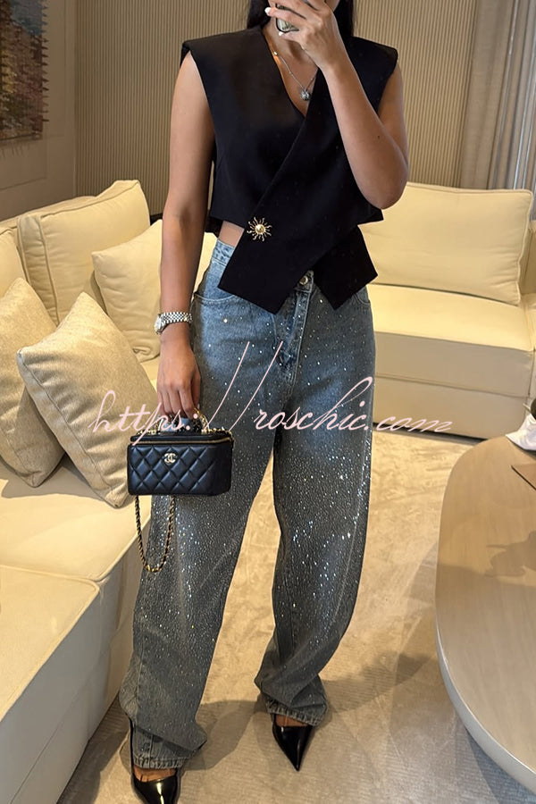 Fashion Star Rhinestone High Rise Casual Pocket Straight Loose Jeans
