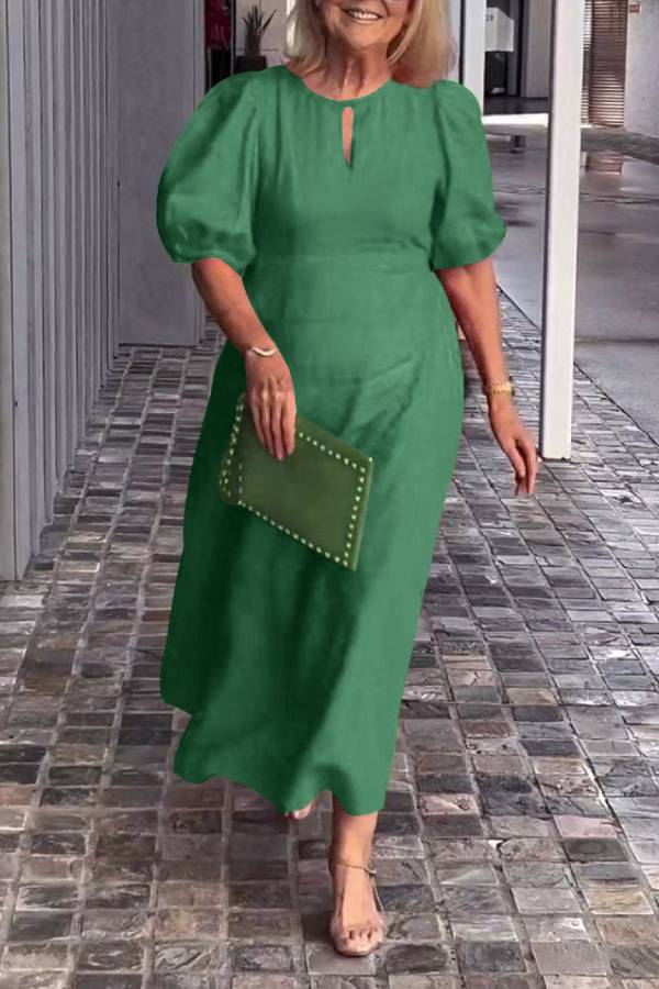 Round Neck Keyhole Puff Sleeve Waisted Midi Dress