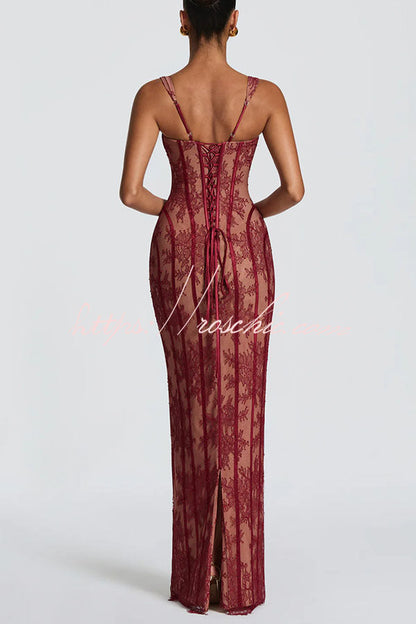 Polina Floral Lace Contrast Structural Detail Square Neck Back Lace-up Slit Maxi Dress