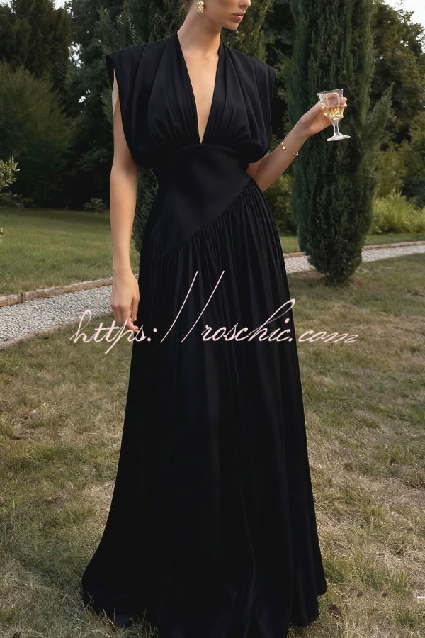 Elegant V-neck Sleeveless Fitted Waist High Slit Vacation Maxi Dress